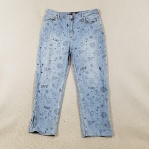 Hollister Jeans Womens 17R 33x31 Light‎ Wash Ultra High Rise Dad Doodle Print